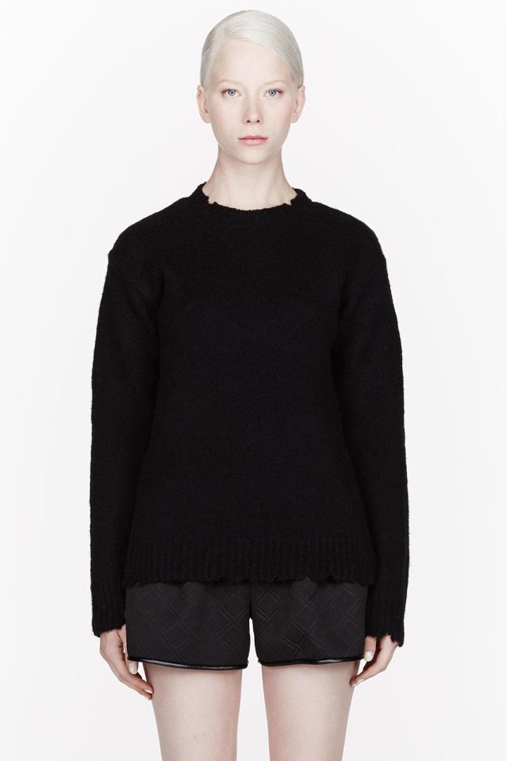 T By Alexander Wang Black Distressed Wool Crewneck Sweater