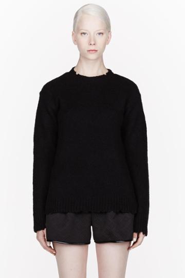 T By Alexander Wang Black Distressed Wool Crewneck Sweater