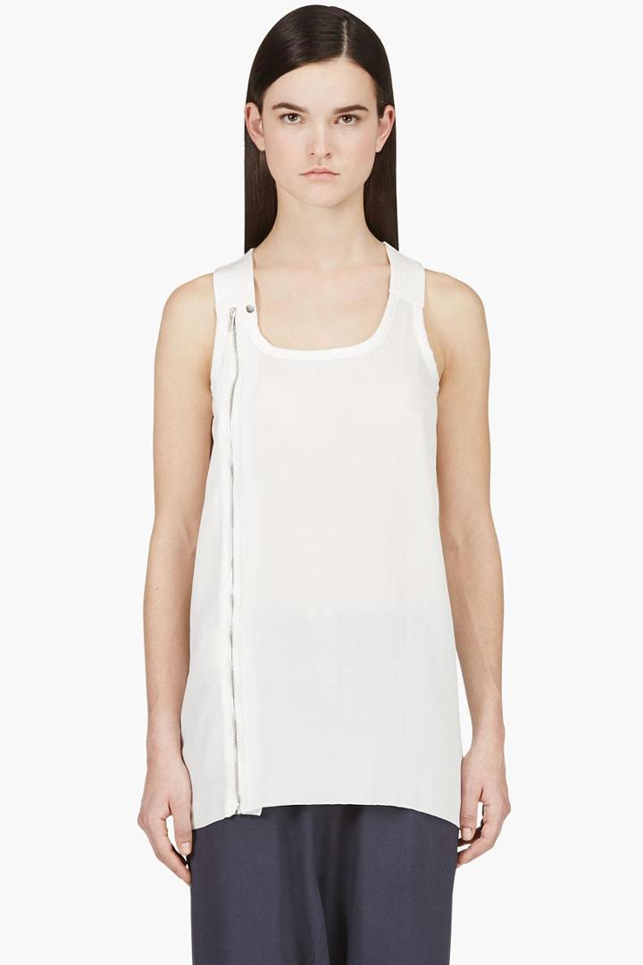 Rick Owens White Silk Zip Biker Tank