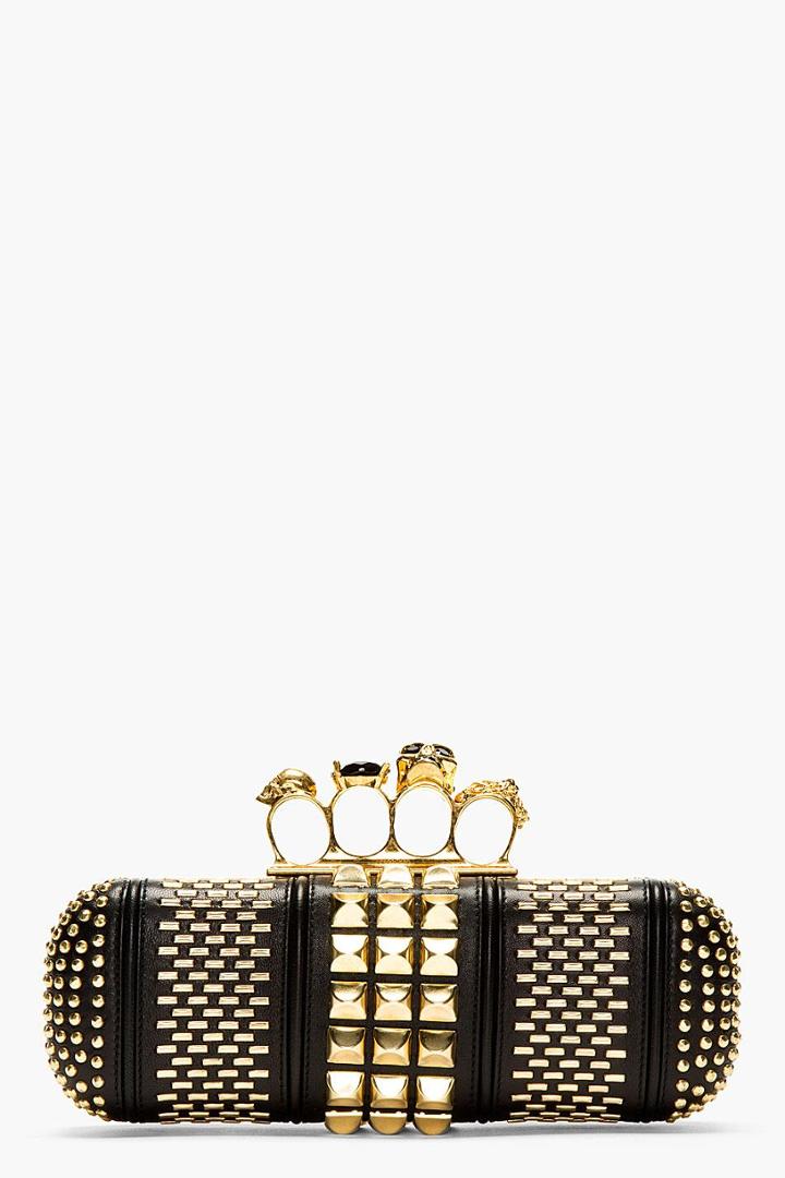 Alexander Mcqueen Black And Gold Studded Crystal Knucklebox Clutch