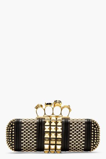 Alexander Mcqueen Black And Gold Studded Crystal Knucklebox Clutch