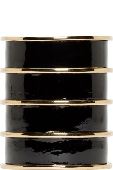 Balmain Black Leather Gold Stacked Cuff