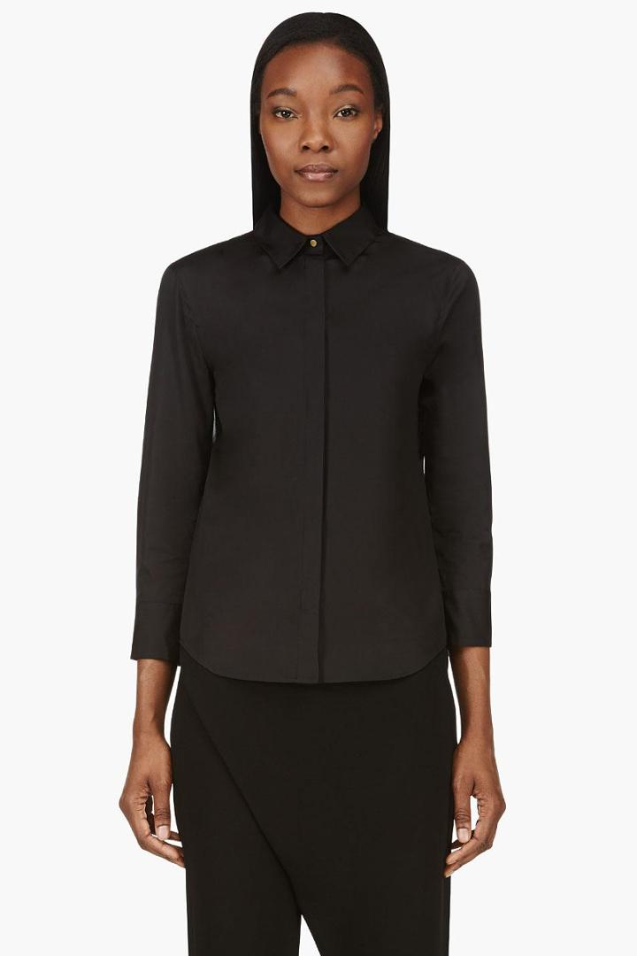 Calvin Klein Collection Black Poplin And Sheer Georgette Blouse