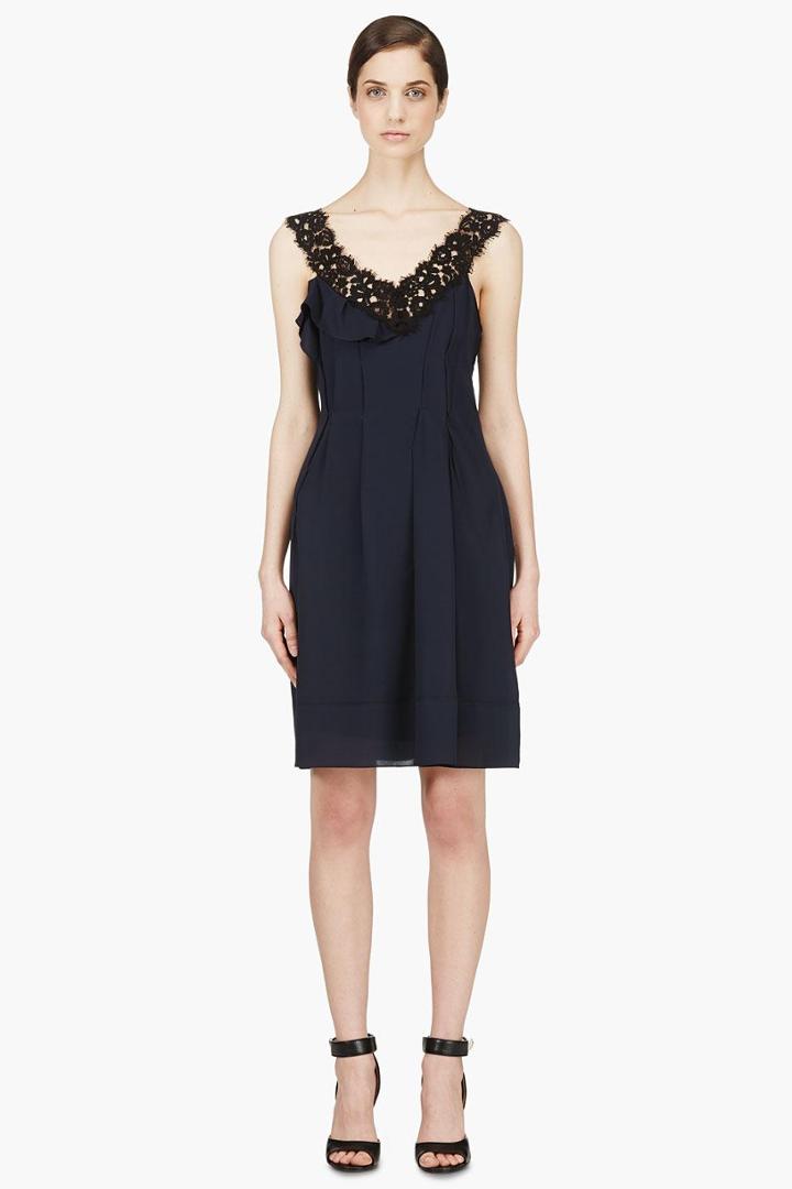 Nina Ricci Navy Crepe And Lace Pleated Dress