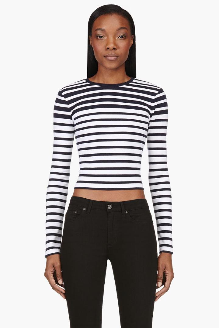 T By Alexander Wang Navy And White Compact Cotton Engineered Stripe T-shirt