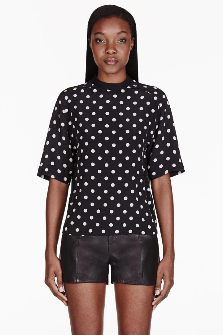 3.1 Phillip Lim Black Silk Crepe Polka Dot Cropped T-shirt