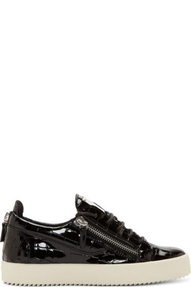 Giuseppe Zanotti Black Patent Croc Embossed Zip Sneakers