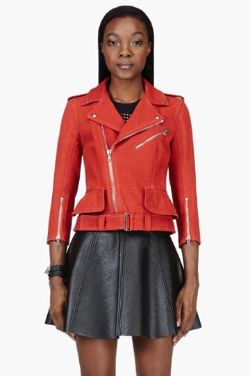 Alexander Mcqueen Vermillion Red Leather And Silk Biker Jacket
