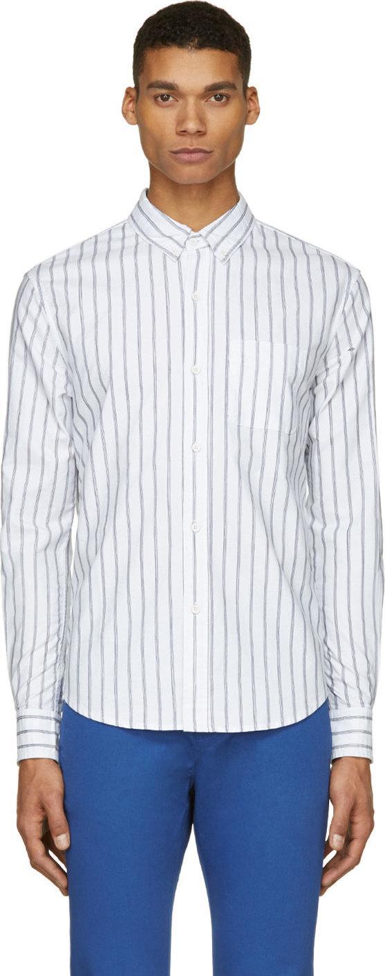Band Of Outsiders White And Blue Pinstriped Logo Shirt