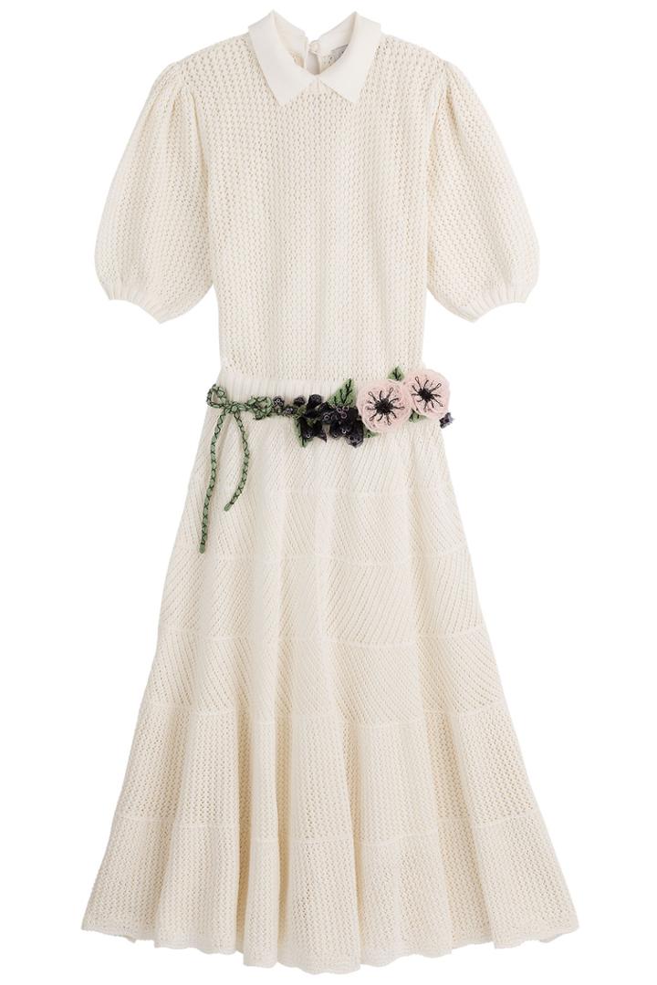 Valentino Valentino Cotton Crochet Dress With Floral Belt - White