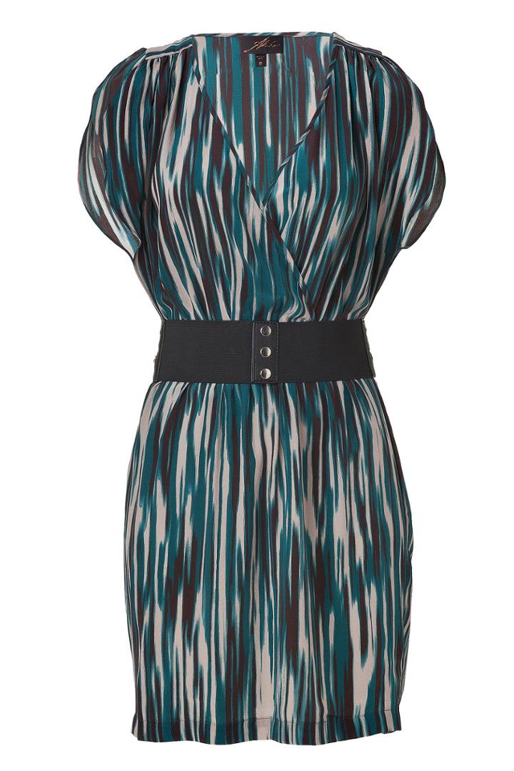 Akiko Akiko Teal Rain Stream Belted Silk Surplus Dress - Blue