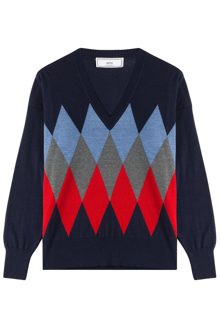 Ami Ami Wool Diamond Knit Pullover - Blue