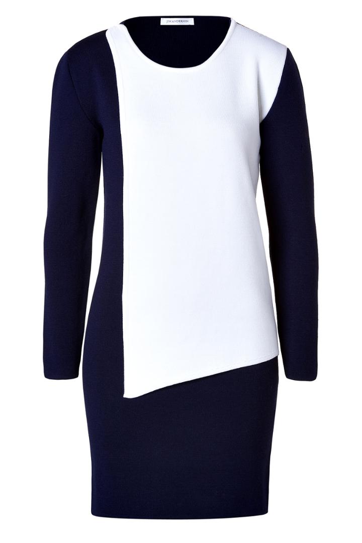 J.w. Anderson J.w. Anderson Merino Wool Blend Asymmetric Panel Dress In Navy/white - Blue