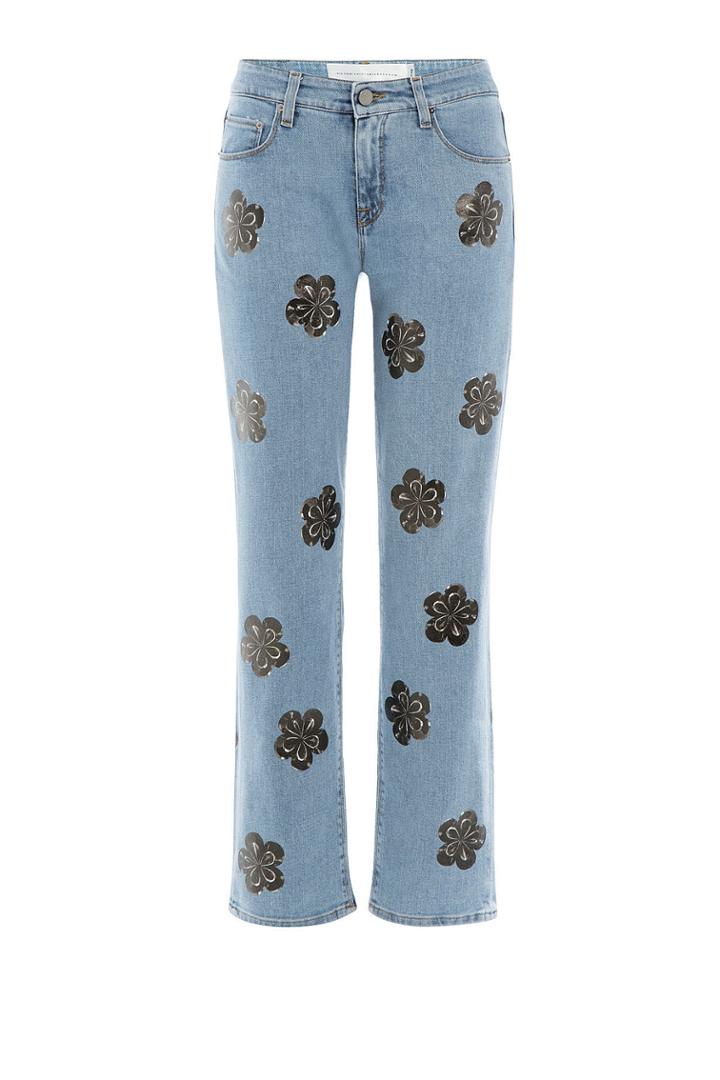 Victoria Beckham Denim Victoria Beckham Denim Floral Embellished Straight Leg Jeans - Multicolored