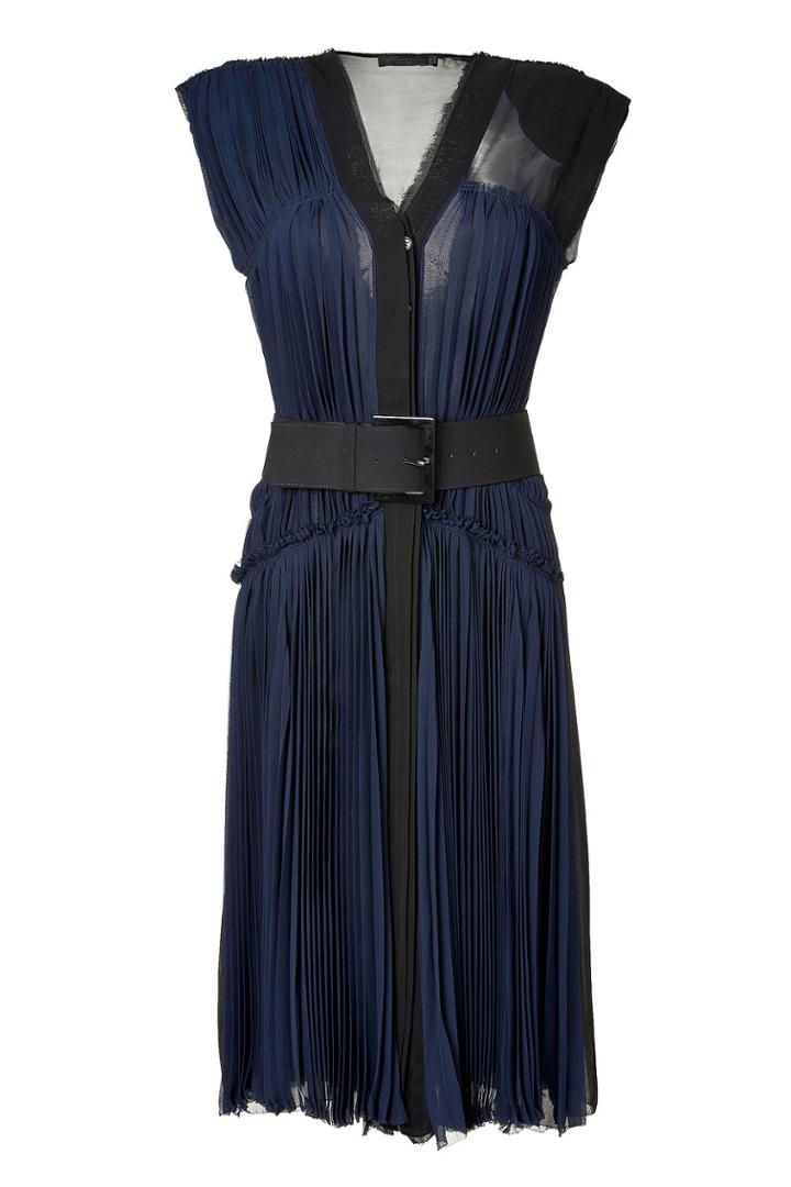 Donna Karan Donna Karan Ink Pleated Silk Chiffon Dress With Belt - Blue