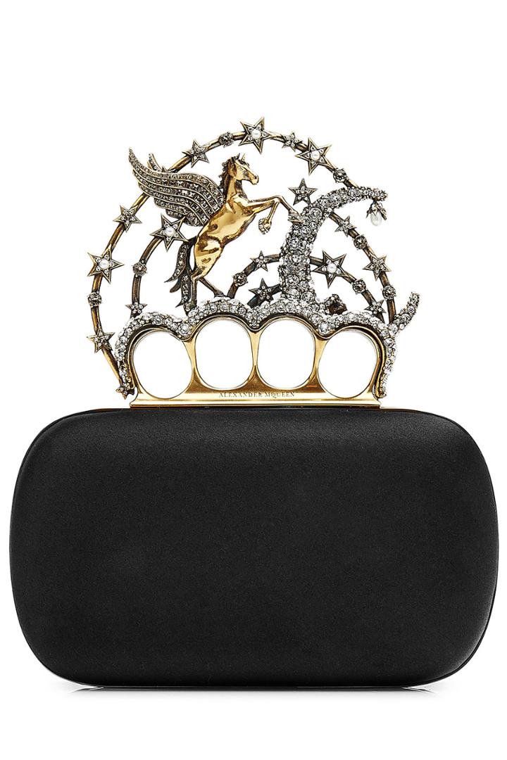 Alexander Mcqueen Alexander Mcqueen Silk Satin Flying Unicorn Knuckle Clutch - Black
