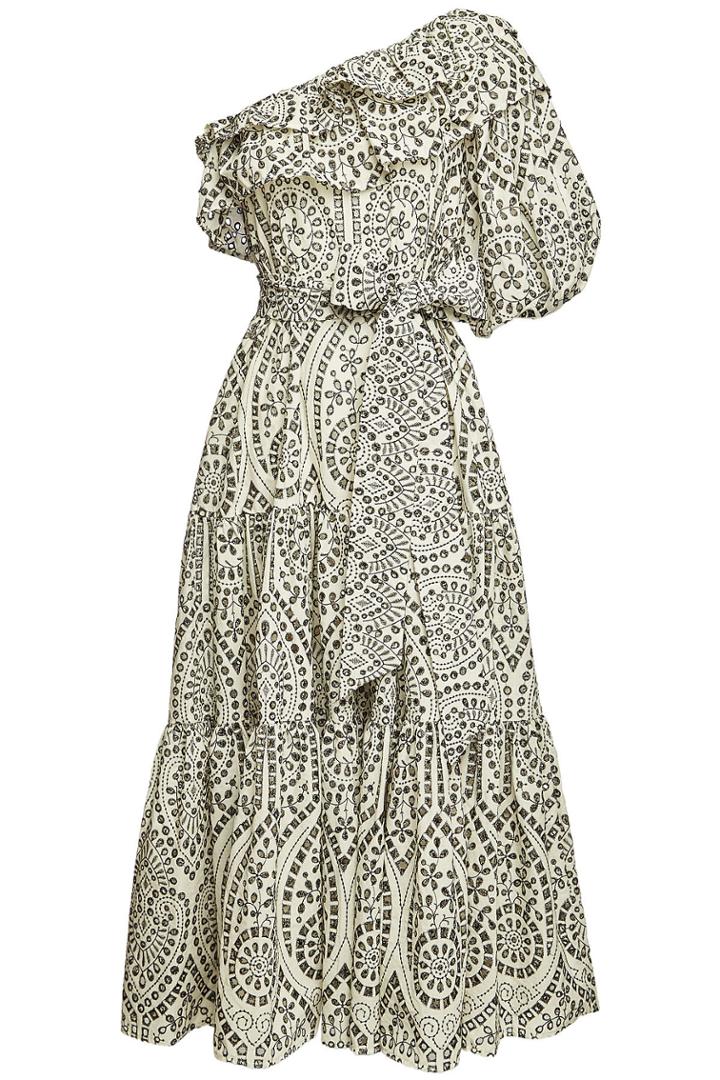 Lisa Marie Fernandez Lisa Marie Fernandez Arden Embroidered One Shoulder Cotton Dress With Ruffles