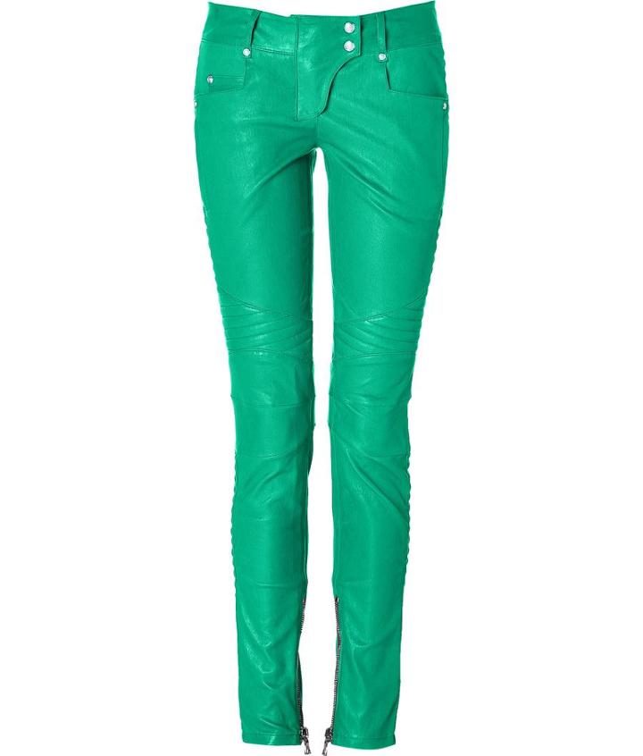 Balmain Low Rise Leather Biker Pants In Green