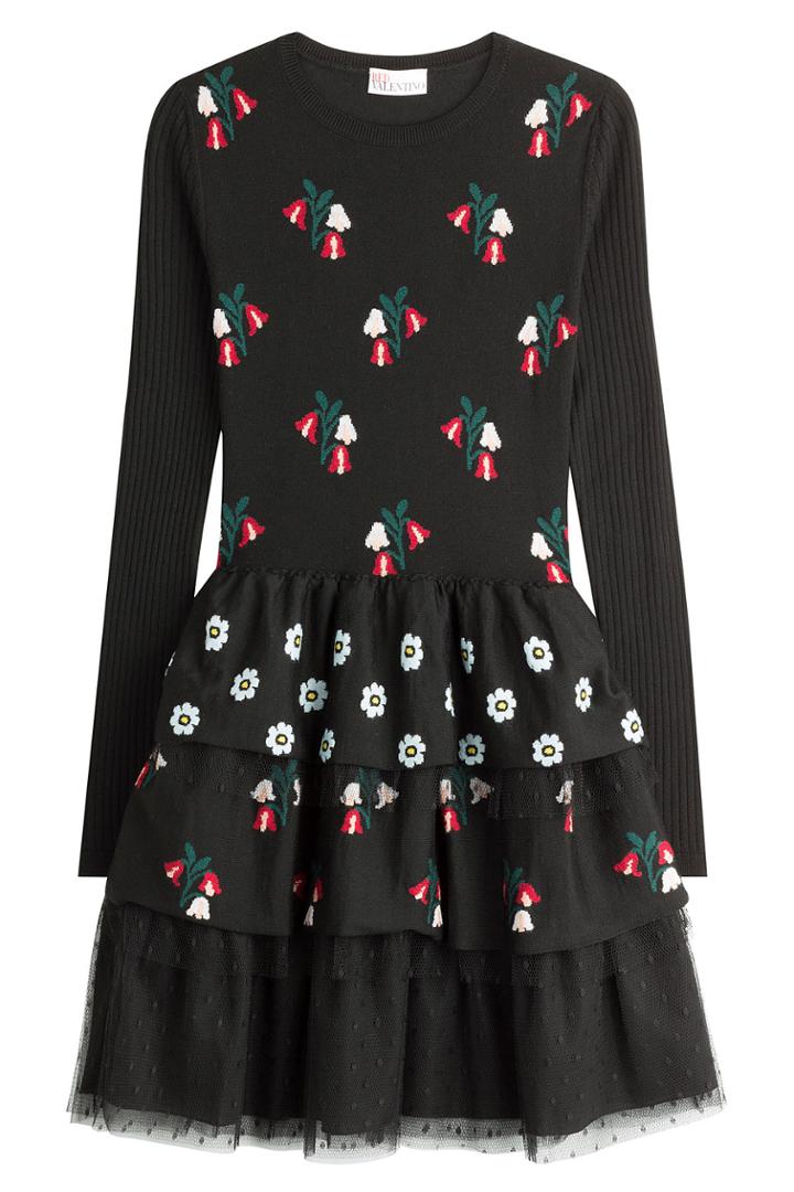 Red Valentino Red Valentino Wool Floral Knit Dress With Dotted Tulle Skirt - Black