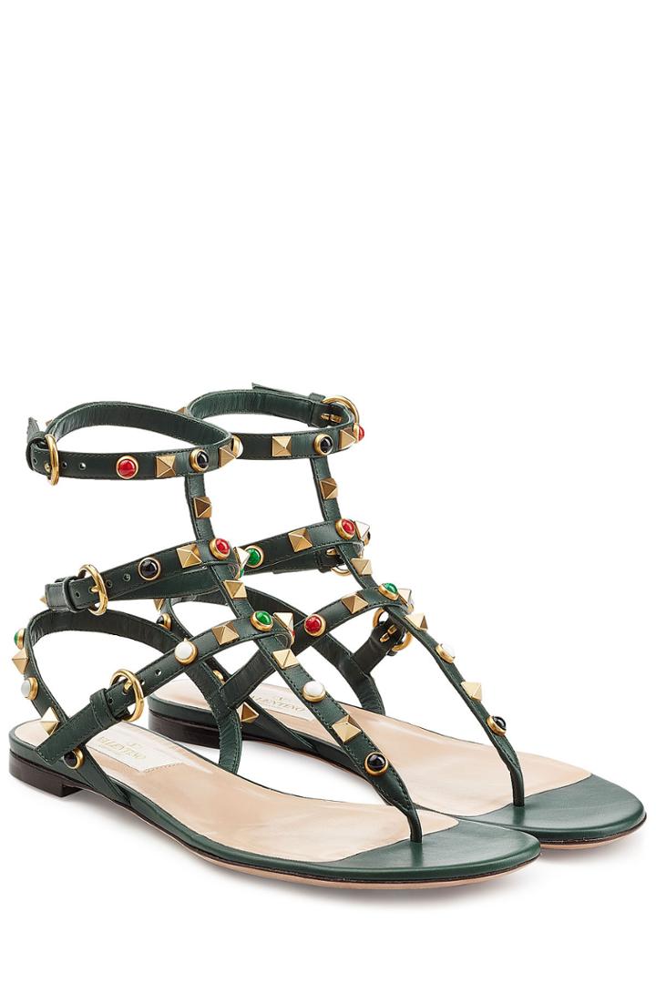 Valentino Valentino Rolling Rockstud Embellished Leather Sandals - Green