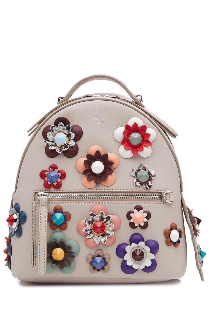 Fendi Fendi Leather Backpack With Embellished Flower Appliques - Grey