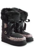 Mou Mou Lace Front Sheepskin Boots With Fur Cuff - Black