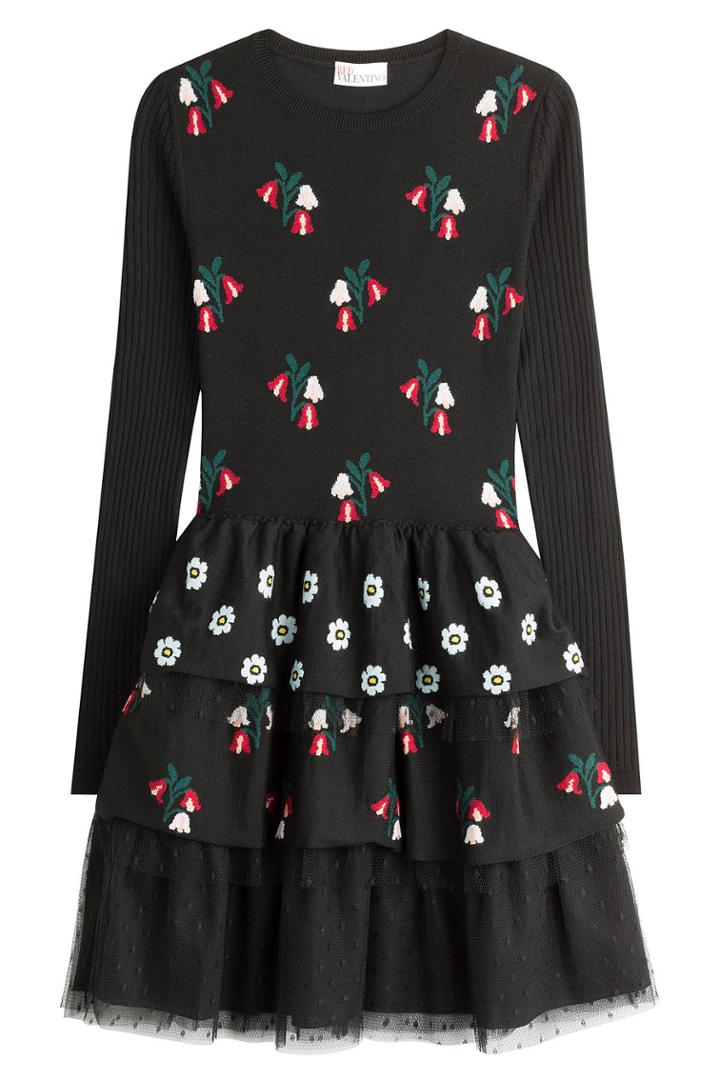 R.e.d. Valentino R.e.d. Valentino Wool Floral Knit Dress With Dotted Tulle Skirt - None