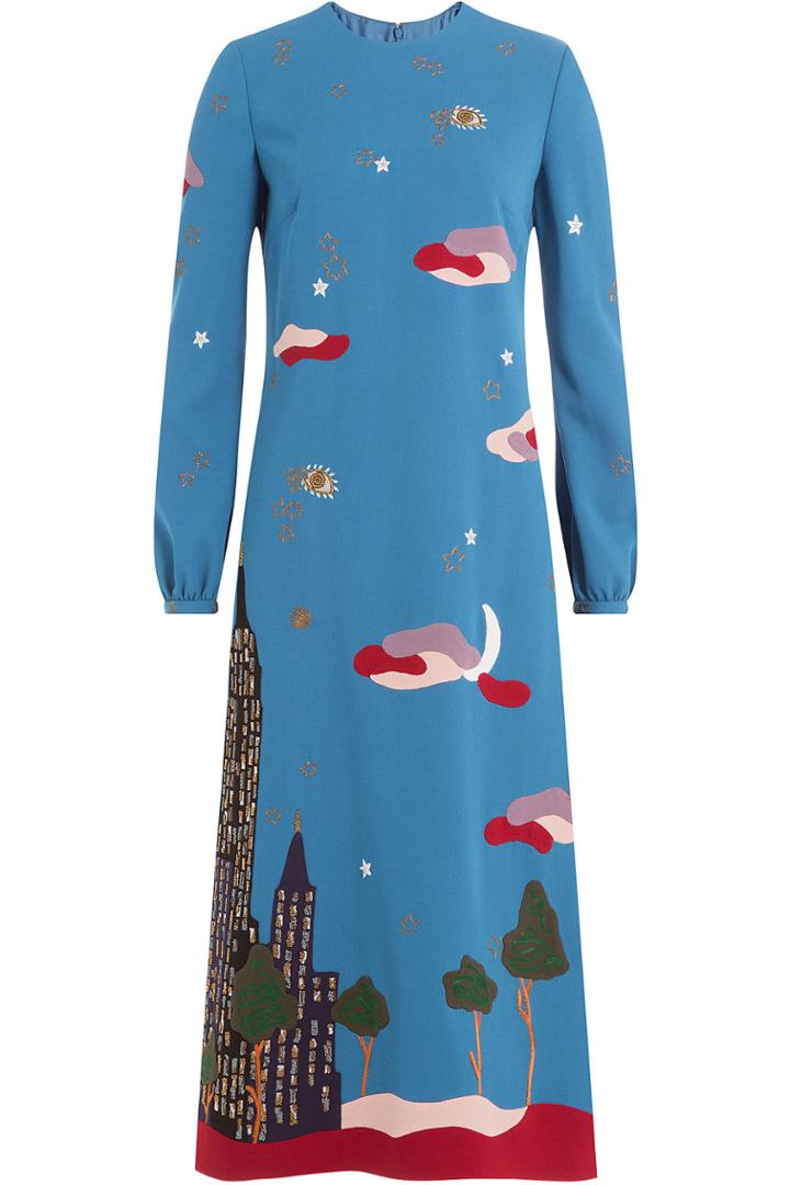 Valentino Valentino Skyline Printed And Embroidered Virgin Wool Dress
