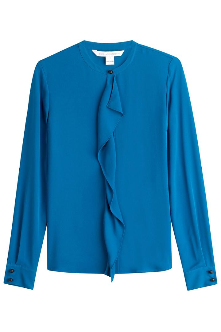 Diane Von Furstenberg Diane Von Furstenberg Silk Ruffle Front Shirt - Blue