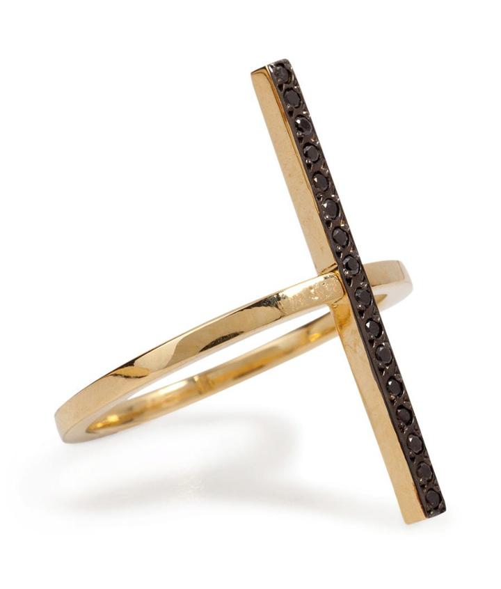 Ileana Makri 18k Yellow Gold Cross Over Ring With Black Diamonds