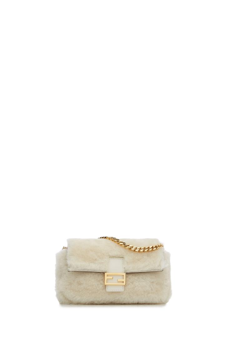 Fendi Fendi Micro Baguette Shearling Shoulder Bag - White