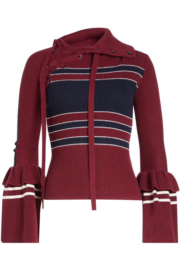 Self-portrait Self-portrait Striped Cotton Pullover With Lace-up Neck