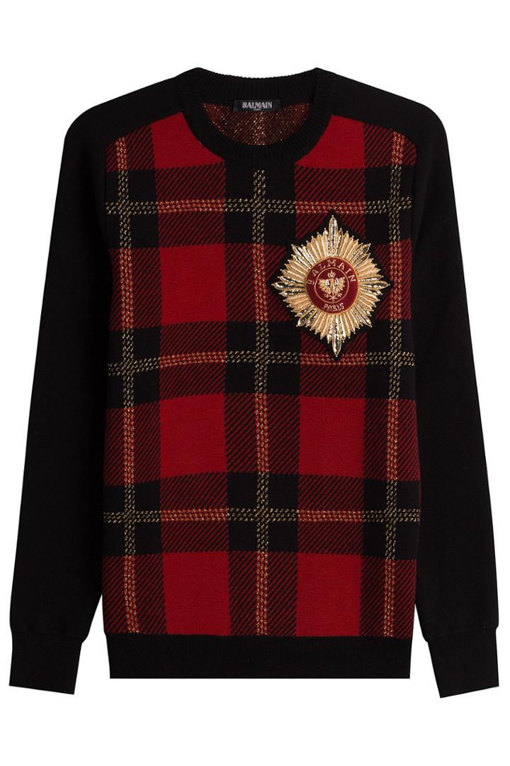 Balmain Balmain Printed Merino Wool Pullover With Embellished Motif - Red