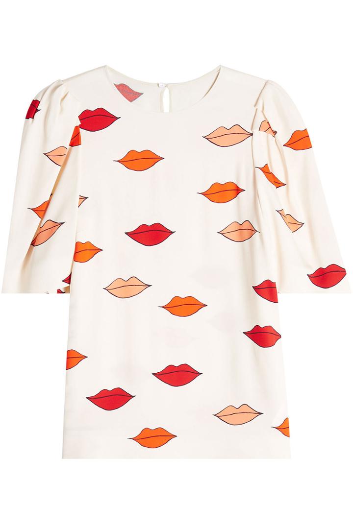 Victoria, Victoria Beckham Victoria, Victoria Beckham Gathered Sleeve Lip Print Top - Beige