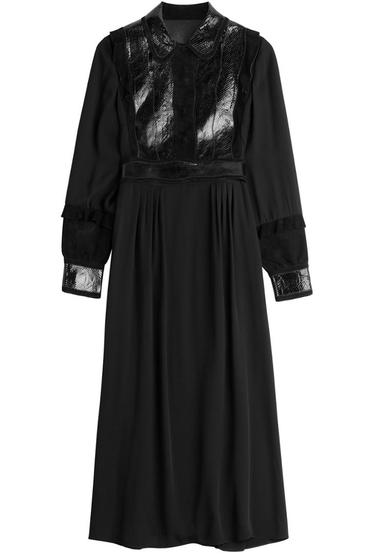Valentino Valentino Silk, Snakeskin And Suede Dress - Black