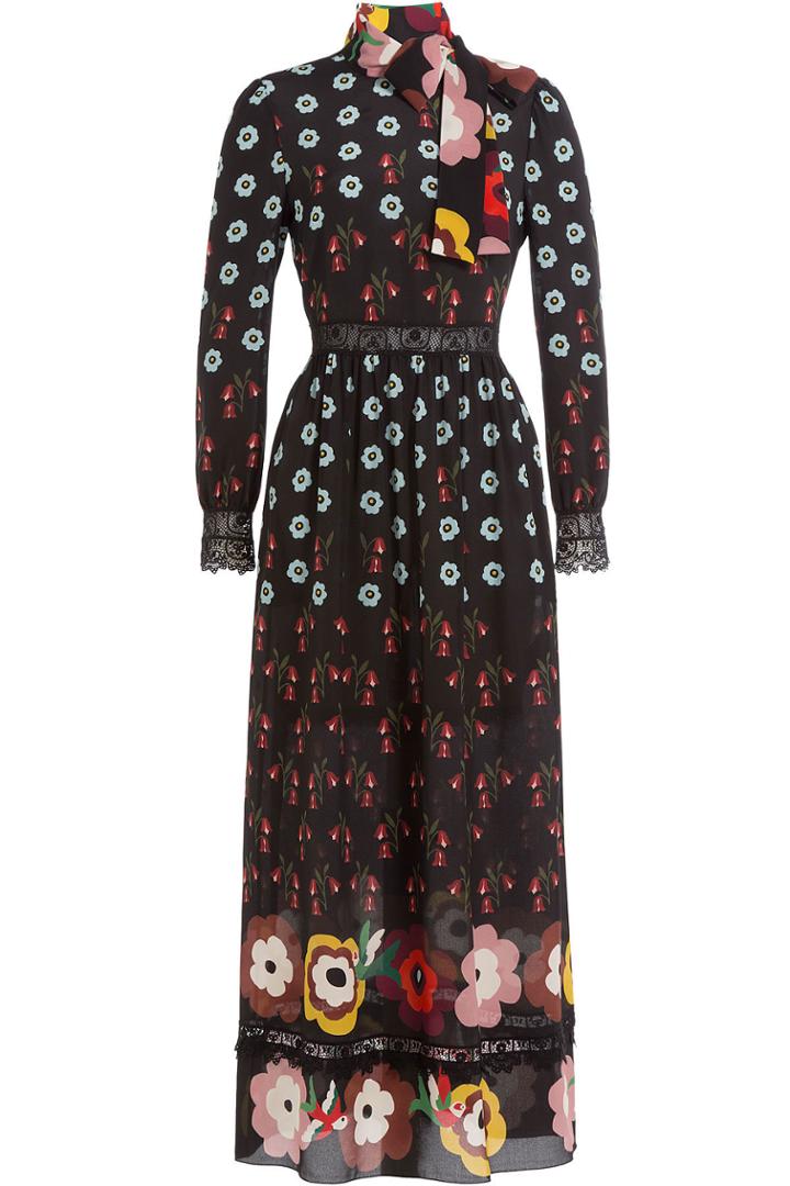 R.e.d. Valentino R.e.d. Valentino Printed Silk Chiffon Dress With Lace