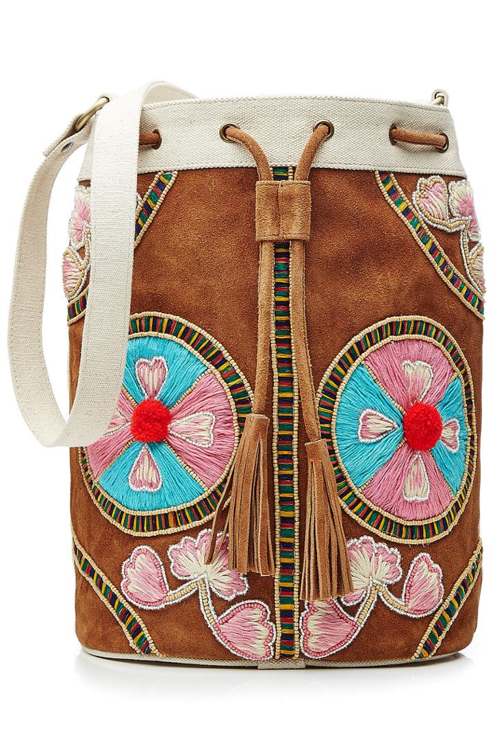 Christophe Sauvat Christophe Sauvat Embroidered Drawstring Shoulder Bag With Suede - White