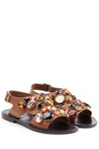 Marni Marni Embellished Leather Flat Sandals - Brown