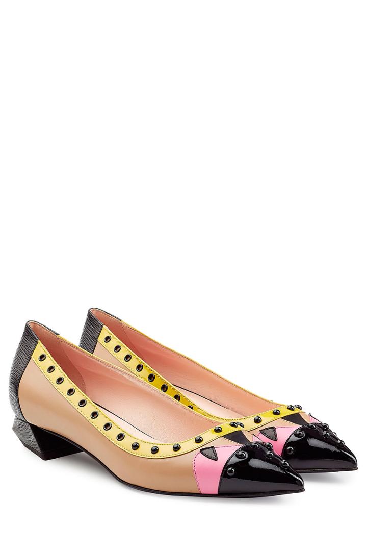 Fendi Fendi Embellished Leather Color Block Kitten Heel Pumps - Multicolor