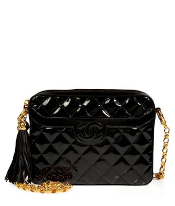 Chanel Vintage Jewelry Quilted Patent Leather Tassel Bag In Black