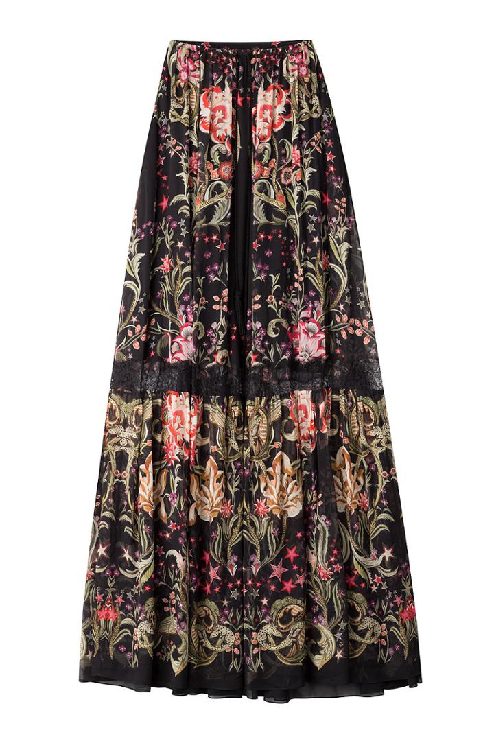 Roberto Cavalli Roberto Cavalli Printed Silk Maxi Skirt With Lace Inserts - Multicolor