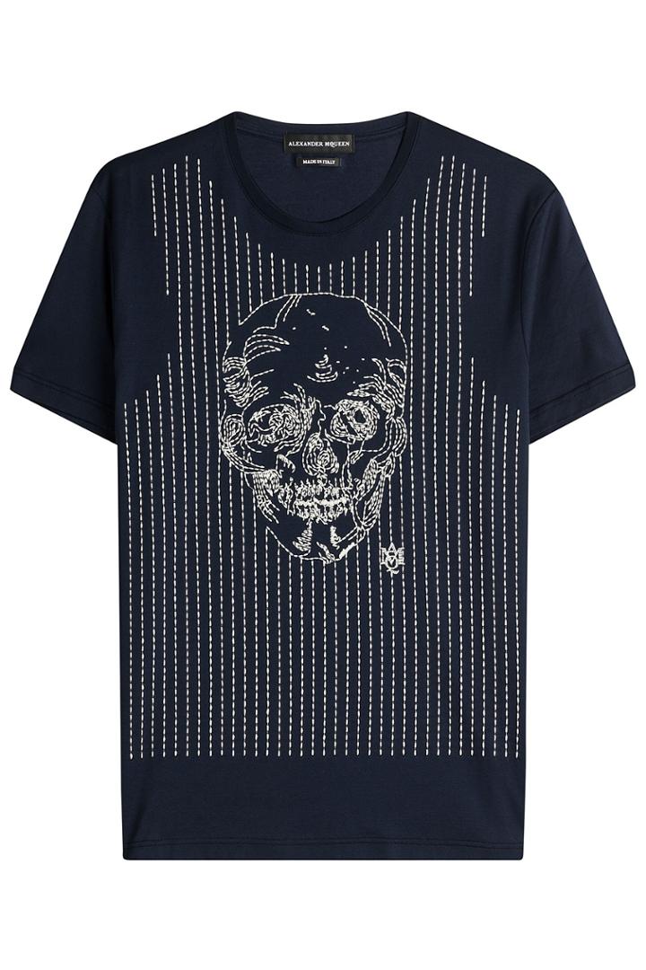 Alexander Mcqueen Alexander Mcqueen Embroidered Cotton T-shirt - Blue