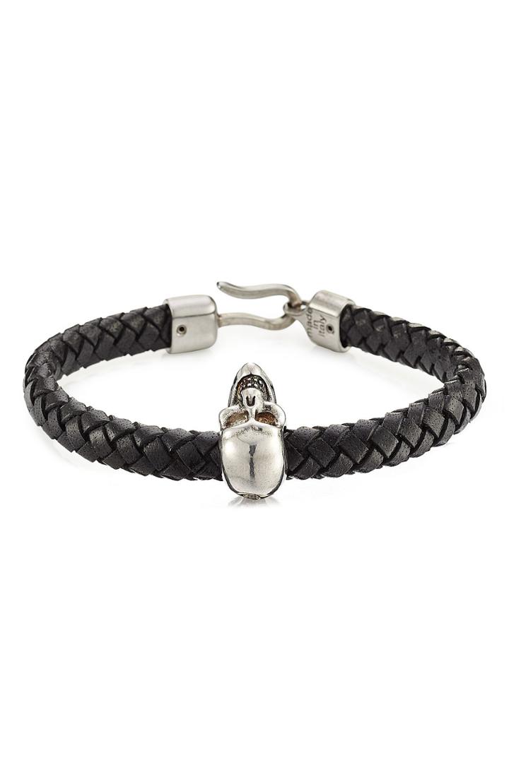 Alexander Mcqueen Alexander Mcqueen Woven Leather Bracelet With Skull Charm - Black