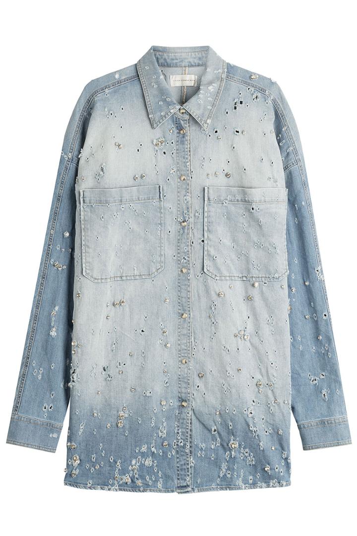 Faith Connexion Faith Connexion Oversize Distressed Denim Shirt With Embellishment - Blue