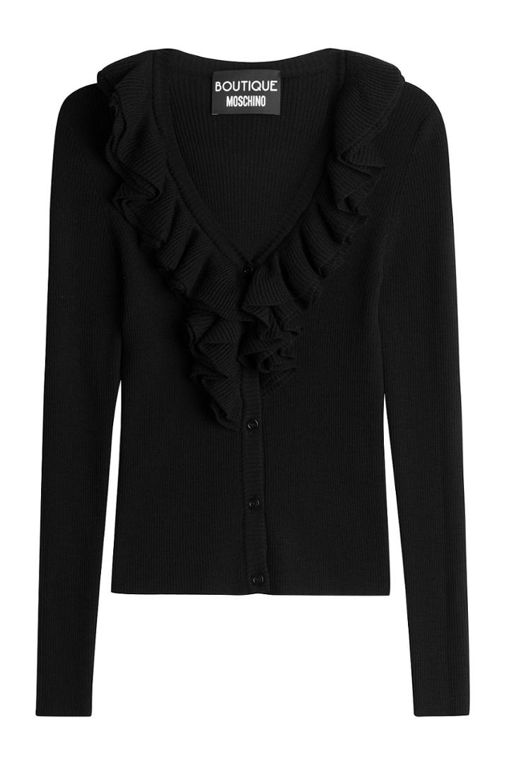 Boutique Moschino Boutique Moschino Ribbed Knit Cardigan With Ruffle Collar - Black