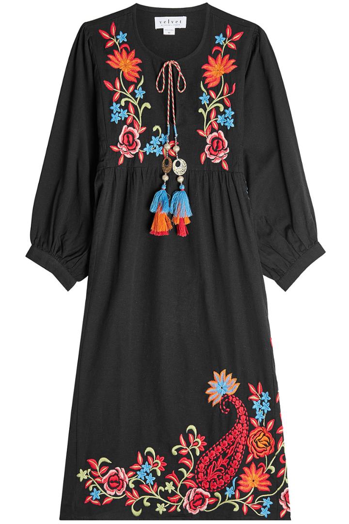 Velvet Velvet Embroidered Cotton Dress With Linen