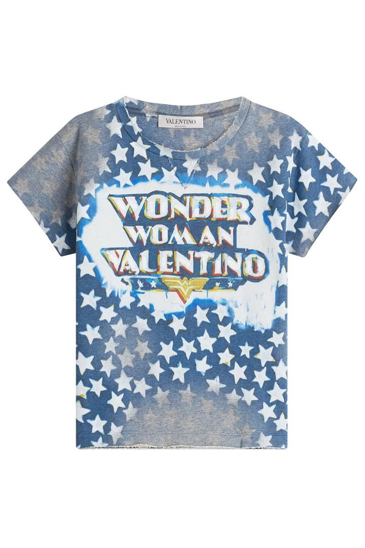 Valentino Valentino Wonder Woman Printed Cotton Sweatshirt Tee - Blue