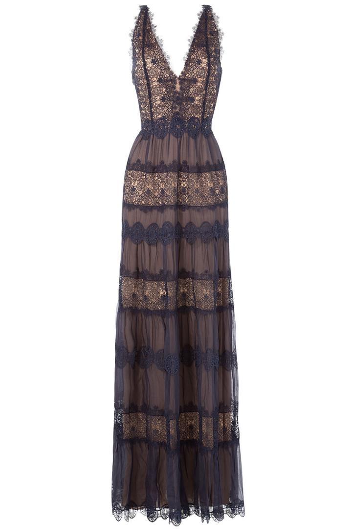 Catherine Deane Catherine Deane Floor Length Silk Dress With Lace - Blue