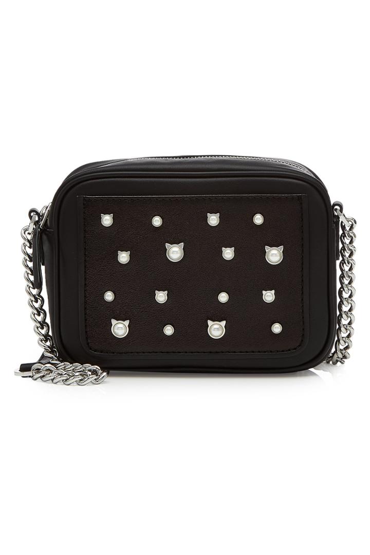 Karl Lagerfeld Karl Lagerfeld Cat Pearls Embellished Leather Shoulder Bag