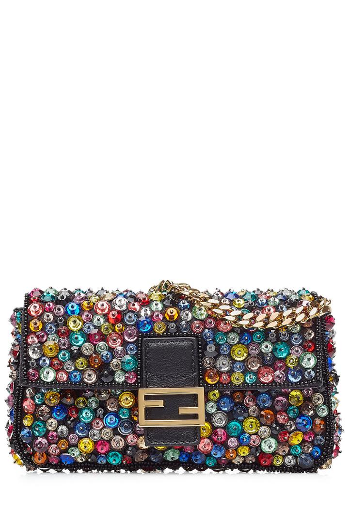 Fendi Fendi Embellished Leather Micro Baguette Shoulder Bag